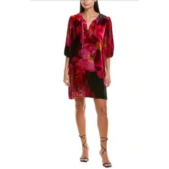 Johnny Was Vesna Velvet Silk Blend Shift Mini Dress in Ruby Bloom Size S NWT - Picture 2 of 6